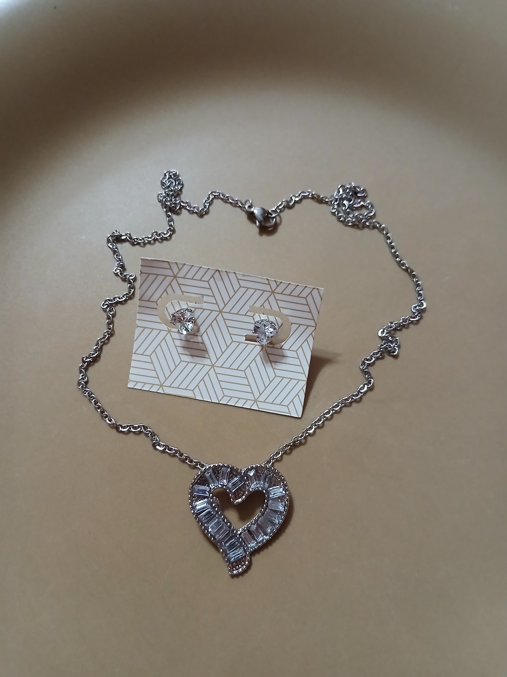 Silver Heart Pendant Necklace with Matching Stud Earrings - Silver